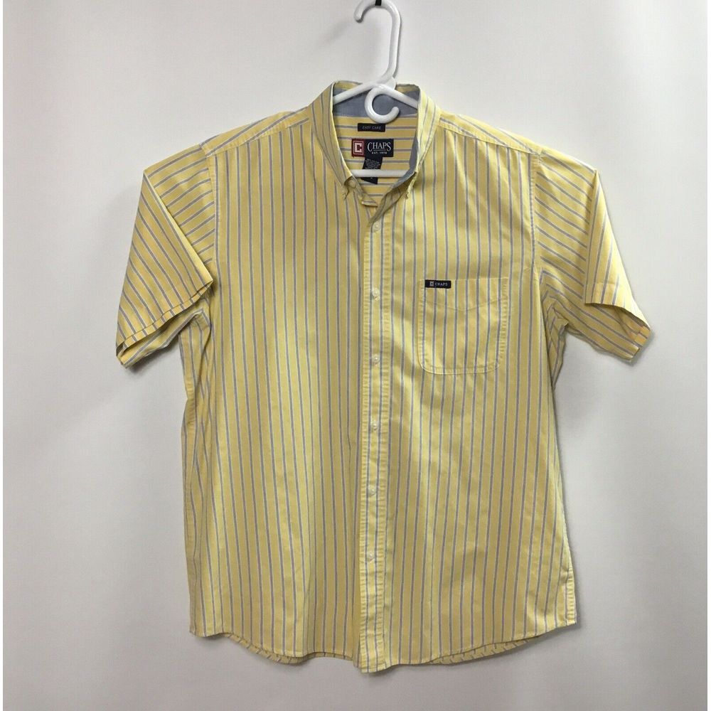 Chaps Mens Shirt Size L Button Down Short Sleeve Yellow Blue Strip Casual